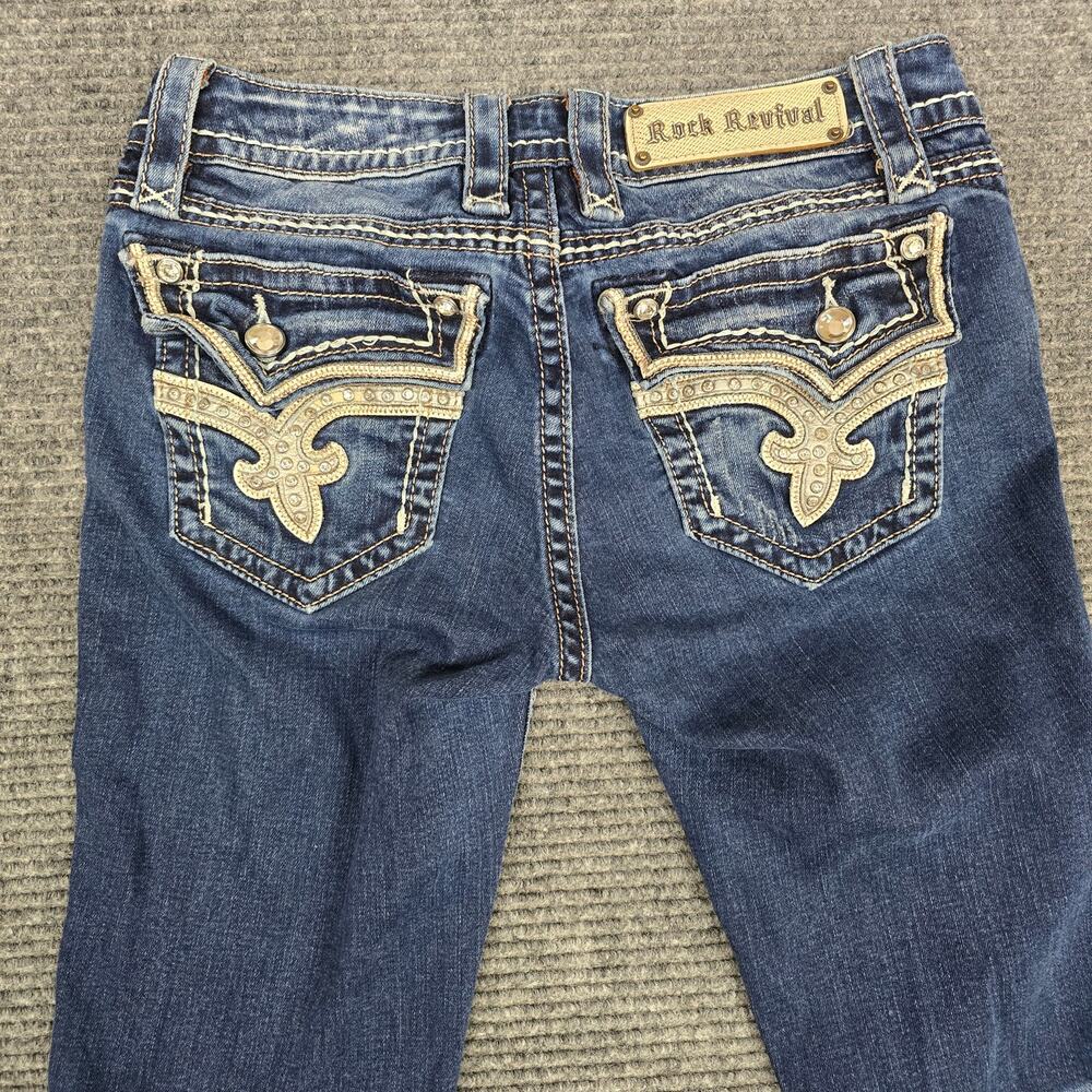 Rock Revival Kai Boot Jean Women 28x31 Blue Fleur De Lis Rhinestone Thick Stitch - Picture 5 of 8